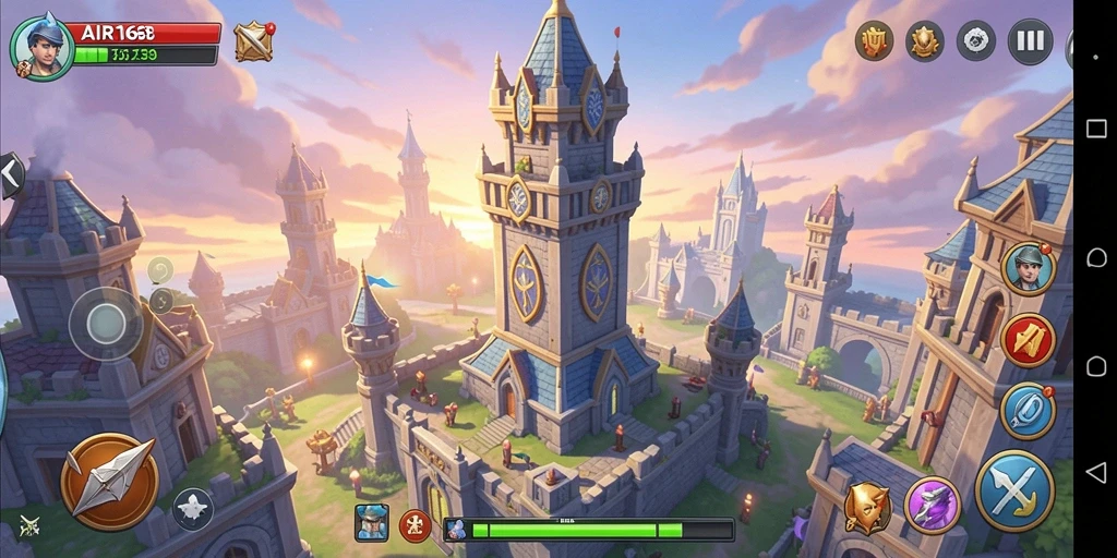 Tampilan gameplay <strong>AIR168</strong> dengan menara dan musuh yang menarik.