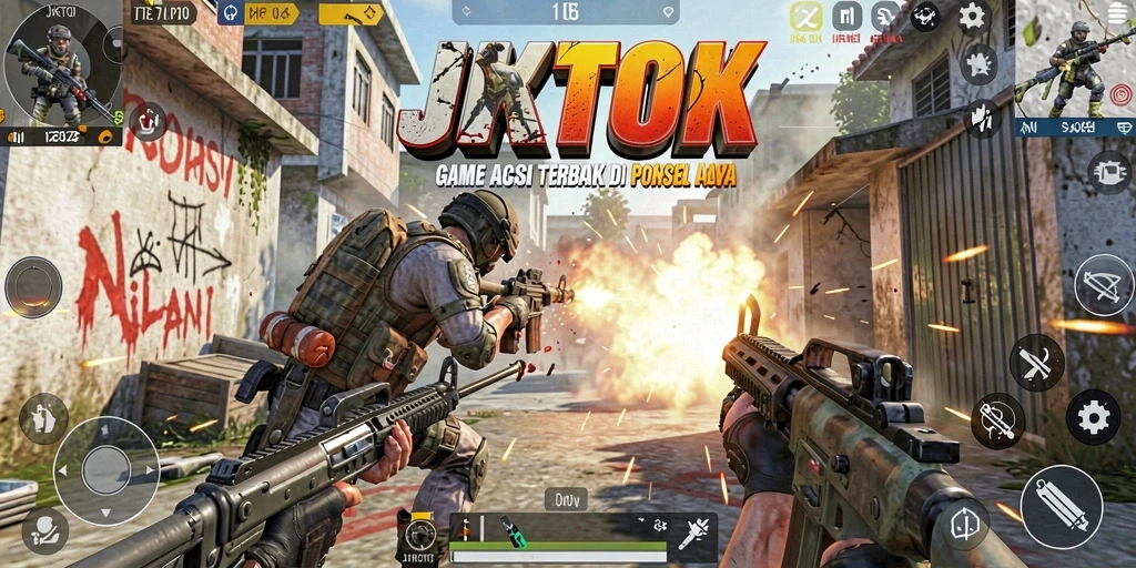 Tampilan gameplay mendebarkan di JKTOK dengan aksi tembak-menembak seru.
