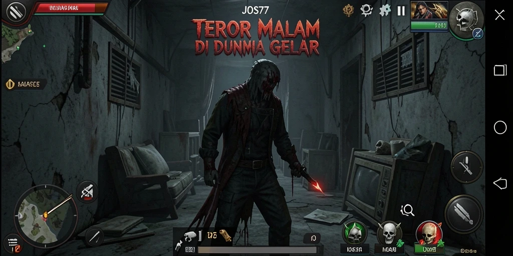 Screenshot gameplay JOS77 menampilkan suasana mencekam dan penuh ketegangan.