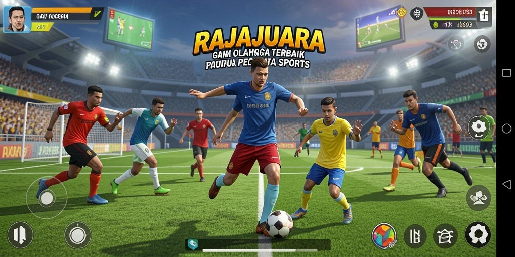 Screenshot utama RAJAJUARA menampilkan aksi seru di lapangan olahraga.