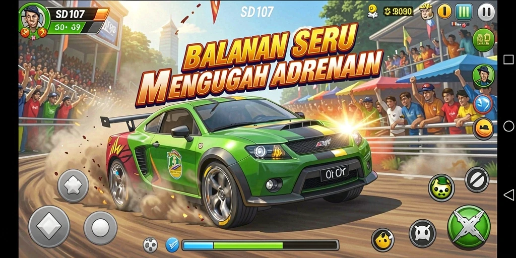 Gameplay Racing seru dengan mobil yang cepat dan trek menantang.