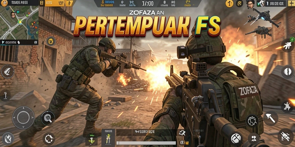 Screenshot gameplay ZOFAZA menunjukkan aksi pertempuran FPS yang mendebarkan.